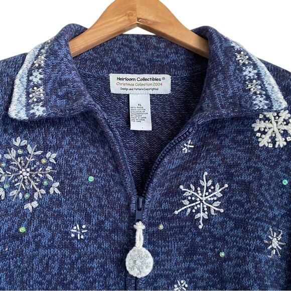 Heirloom Collectible Holiday Sweater Jacket Blue Snowflake Zip Up Size XL Beaded - Picture 7 of 11